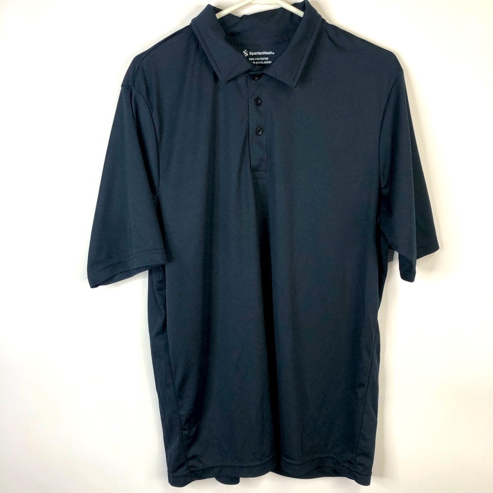 Black polyester short sleeve collared button placket  spartan nash. large